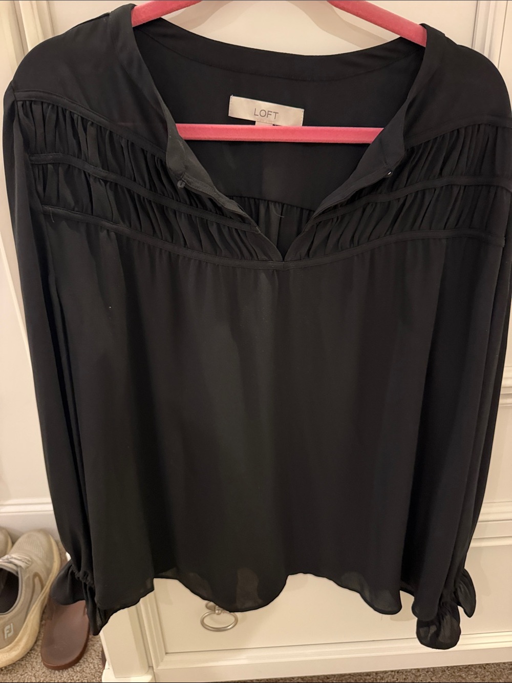 LOFT Black Pleated Yoke Long-Sleeve Blouse with Tie Cuffs